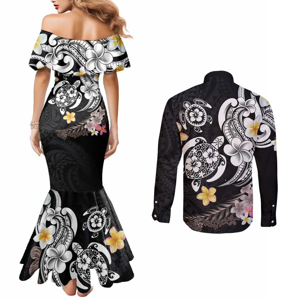 Hawaiian Tropical Plumeria Turtles Couples Matching Mermaid Dress and Long Sleeve Button Shirt Polynesian Art Tattoo LT03 - Polynesian Pride