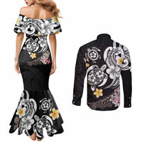 Hawaiian Tropical Plumeria Turtles Couples Matching Mermaid Dress and Long Sleeve Button Shirt Polynesian Art Tattoo LT03 - Polynesian Pride