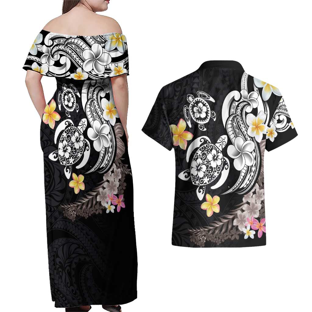 Hawaiian Tropical Plumeria Turtles Couples Matching Off Shoulder Maxi Dress and Hawaiian Shirt Polynesian Art Tattoo LT03 - Polynesian Pride