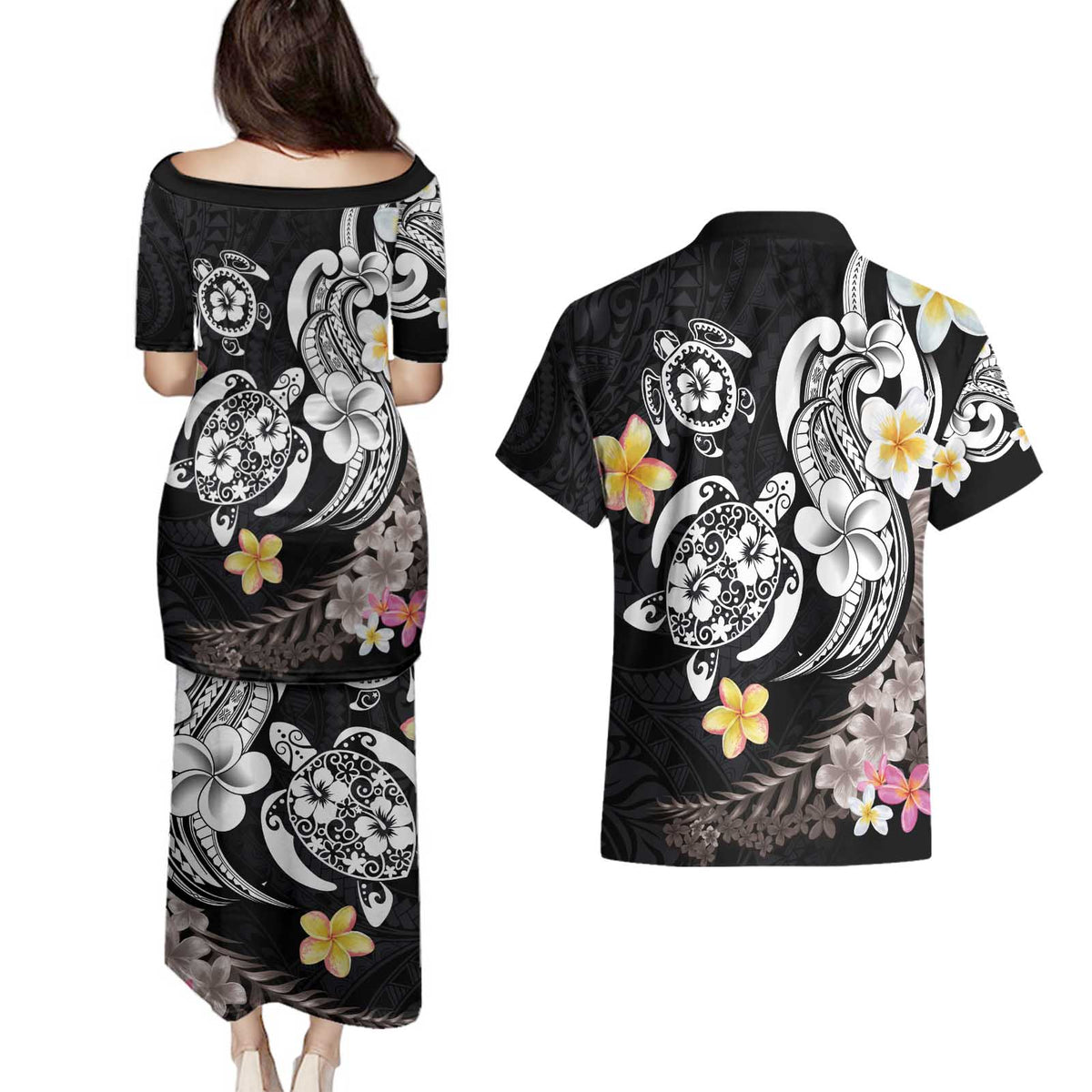 Hawaiian Tropical Plumeria Turtles Couples Matching Puletasi and Hawaiian Shirt Polynesian Art Tattoo LT03 - Polynesian Pride