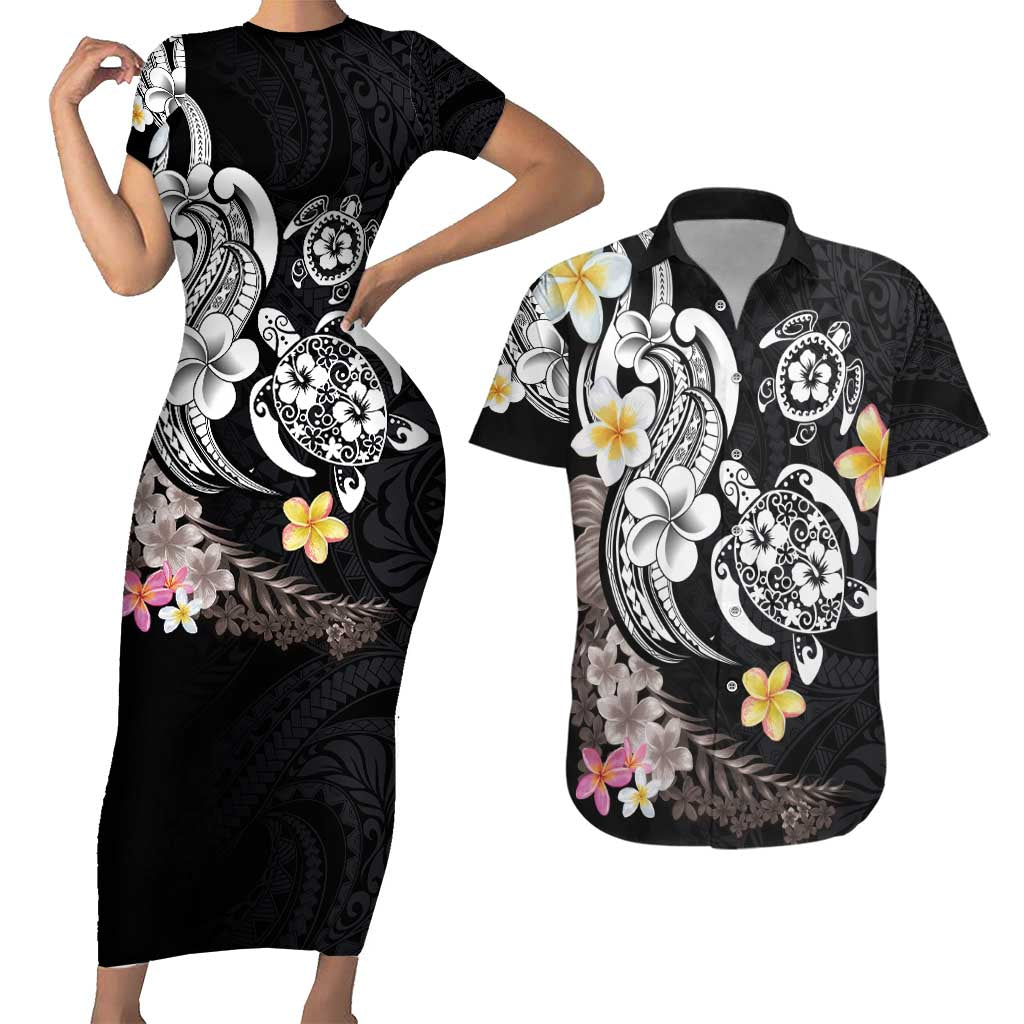 Hawaiian Tropical Plumeria Turtles Couples Matching Short Sleeve Bodycon Dress and Hawaiian Shirt Polynesian Art Tattoo LT03 No Dress - Polynesian Pride