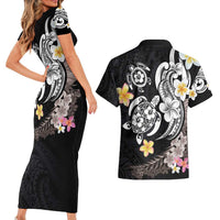 Hawaiian Tropical Plumeria Turtles Couples Matching Short Sleeve Bodycon Dress and Hawaiian Shirt Polynesian Art Tattoo LT03 - Polynesian Pride