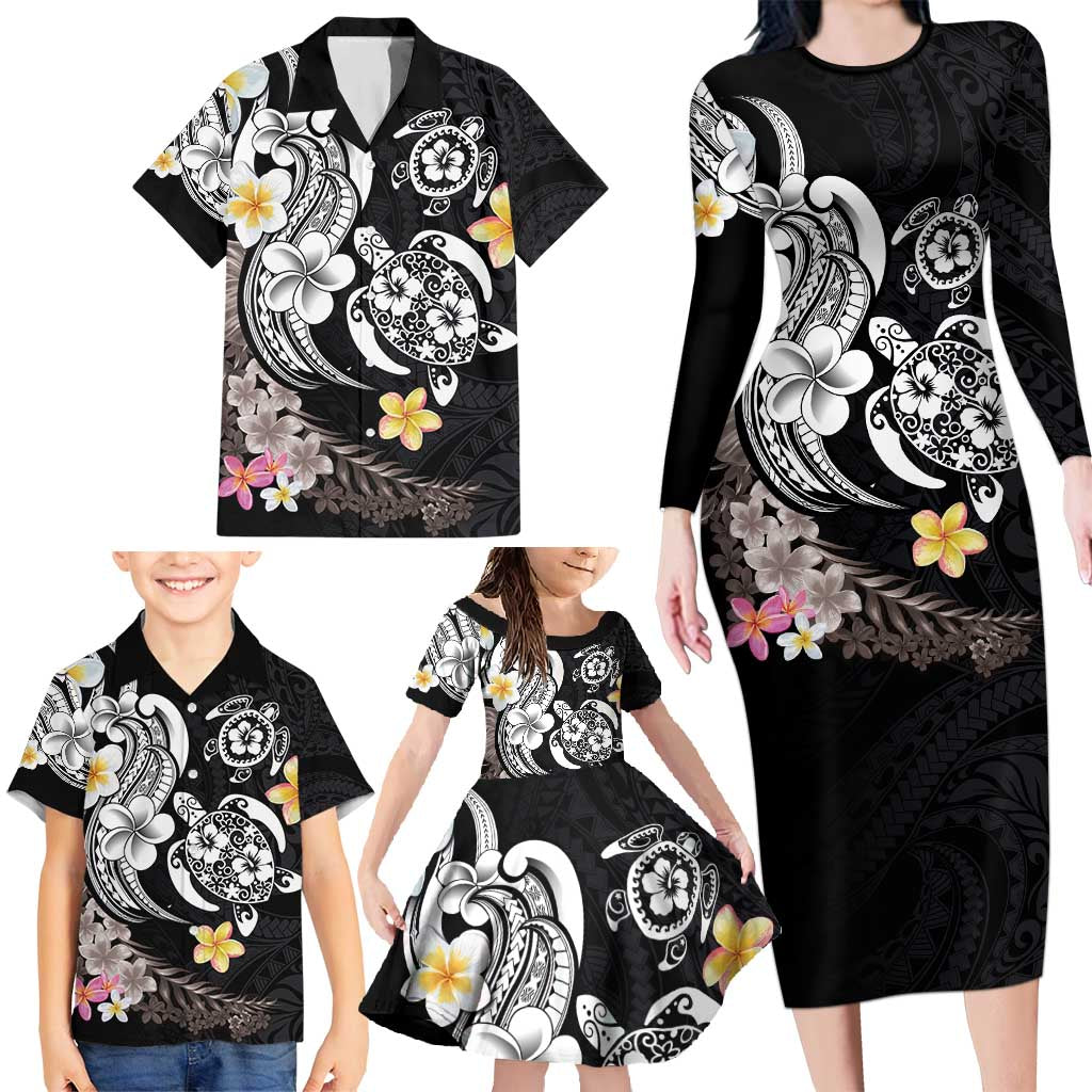 Hawaiian Tropical Plumeria Turtles Family Matching Long Sleeve Bodycon Dress and Hawaiian Shirt Polynesian Art Tattoo LT03 - Polynesian Pride