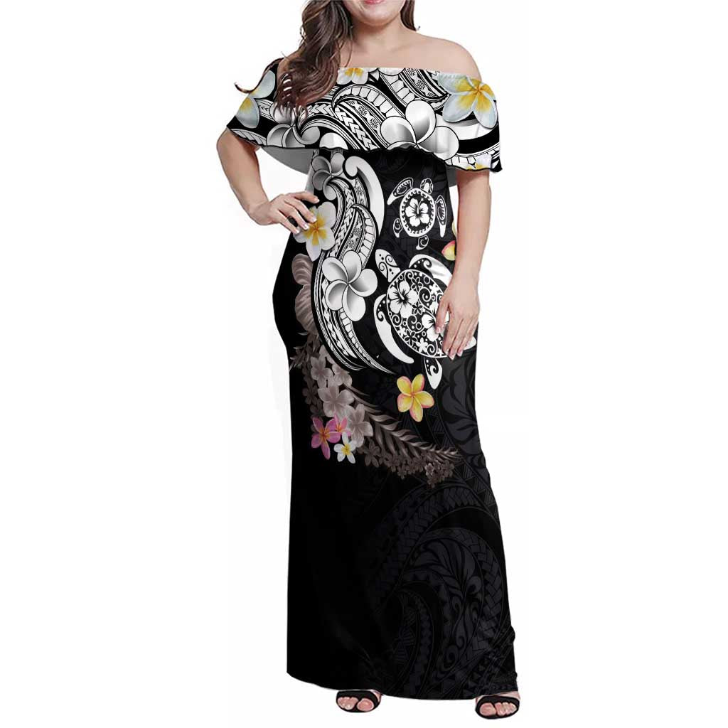 Hawaiian Tropical Plumeria Turtles Family Matching Off Shoulder Maxi Dress and Hawaiian Shirt Polynesian Art Tattoo LT03 Mom's Dress - Polynesian Pride
