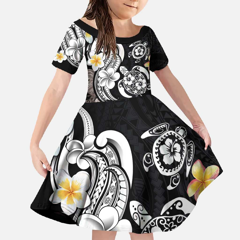 Hawaiian Tropical Plumeria Turtles Family Matching Short Sleeve Bodycon Dress and Hawaiian Shirt Polynesian Art Tattoo LT03 Daughter's Dress - Polynesian Pride