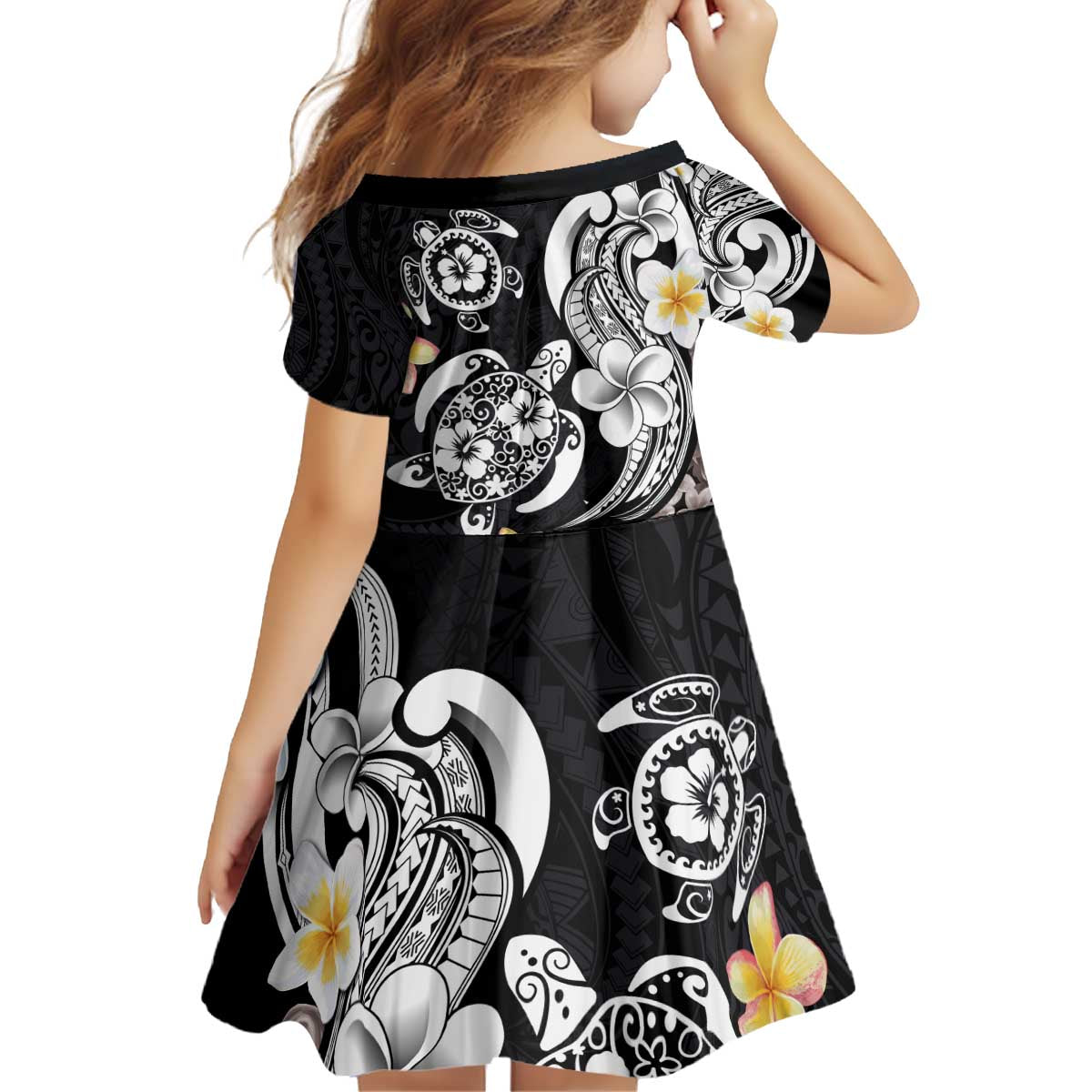 Hawaiian Tropical Plumeria Turtles Kid Short Sleeve Dress Polynesian Art Tattoo