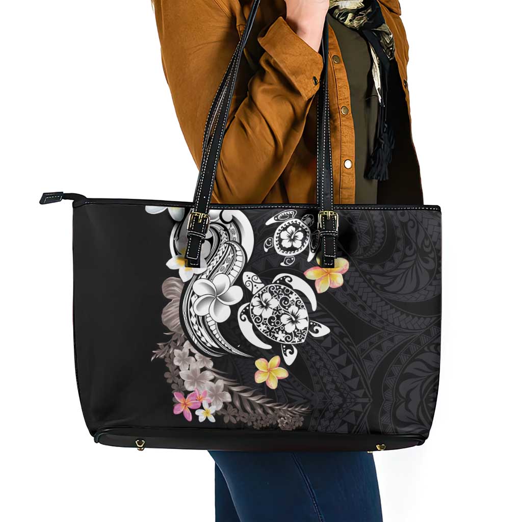 Hawaiian Tropical Plumeria Turtles Leather Tote Bag Polynesian Art Tattoo