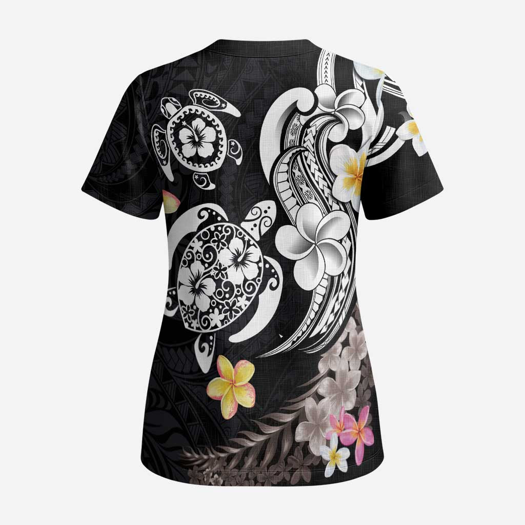 Hawaiian Tropical Plumeria Turtles Scrub Top Polynesian Art Tattoo LT03 - Polynesian Pride