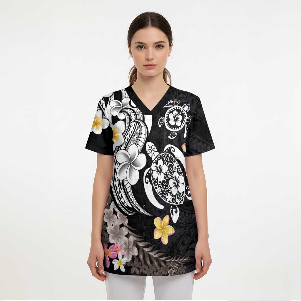 Hawaiian Tropical Plumeria Turtles Scrub Top Polynesian Art Tattoo LT03 - Polynesian Pride