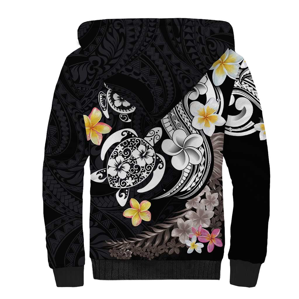 Hawaiian Tropical Plumeria Turtles Sherpa Hoodie Polynesian Art Tattoo