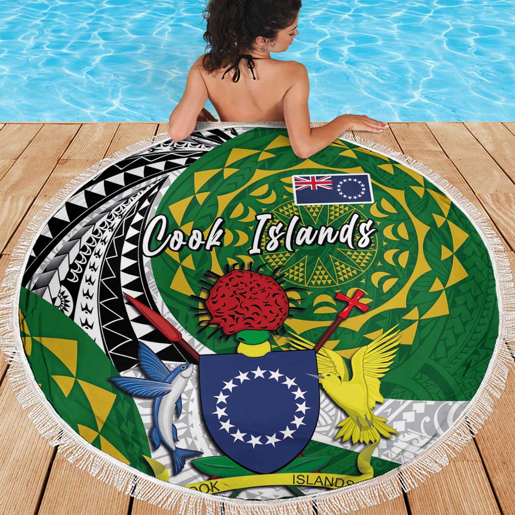 Cook Islands Independence Day Beach Blanket National Flag and Emblem with Tatau Tattoo
