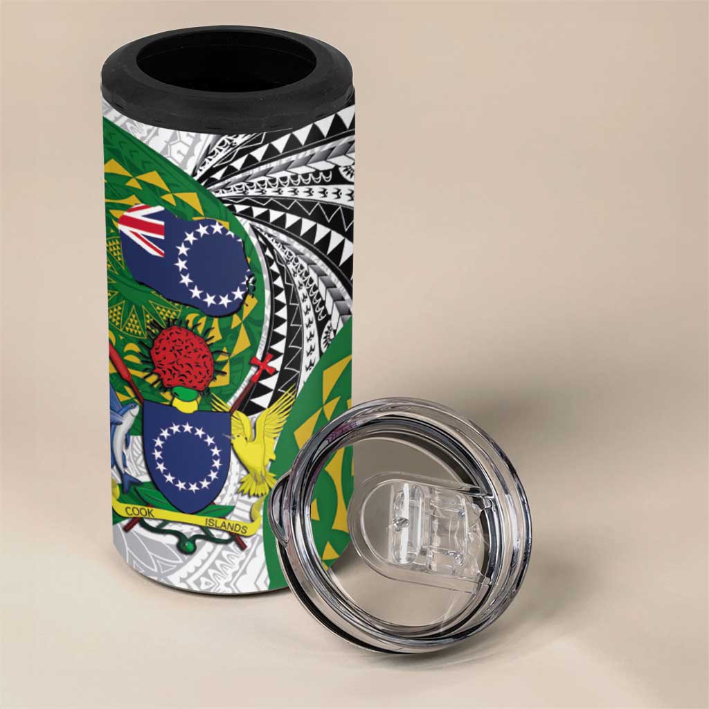 Cook Islands Independence Day 4 in 1 Can Cooler Tumbler National Flag and Emblem with Tatau Tattoo