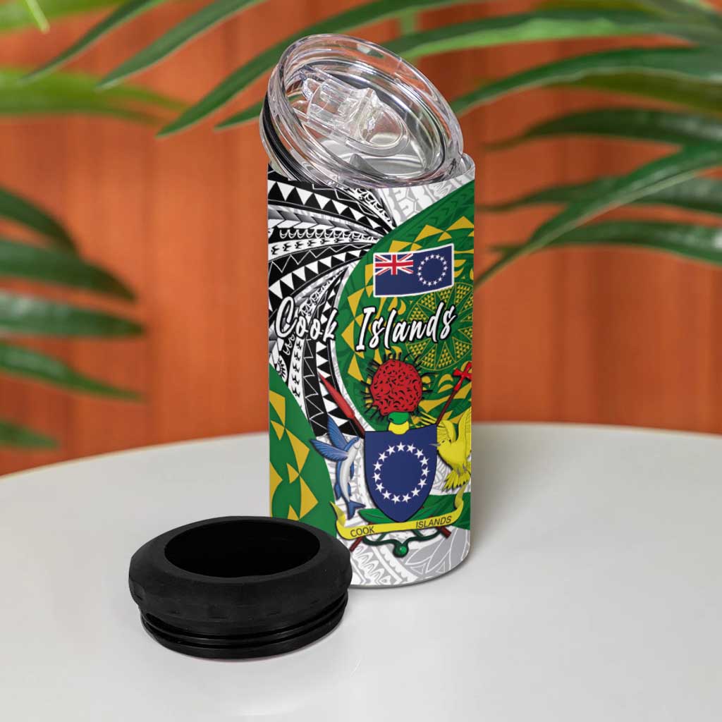 Cook Islands Independence Day 4 in 1 Can Cooler Tumbler National Flag and Emblem with Tatau Tattoo