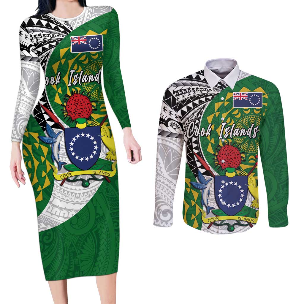 Cook Islands Independence Day Couples Matching Long Sleeve Bodycon Dress and Long Sleeve Button Shirt National Flag and Emblem with Tatau Tattoo