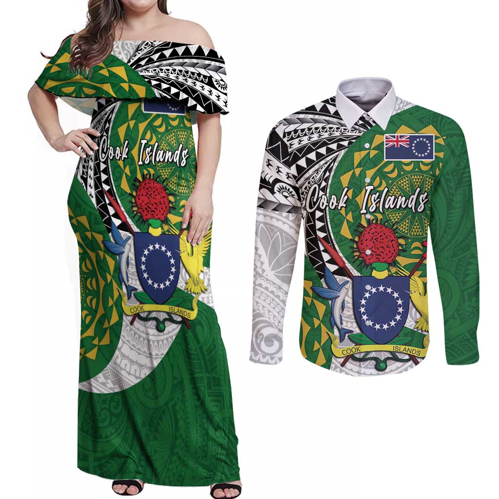 Cook Islands Independence Day Couples Matching Off Shoulder Maxi Dress and Long Sleeve Button Shirt National Flag and Emblem with Tatau Tattoo