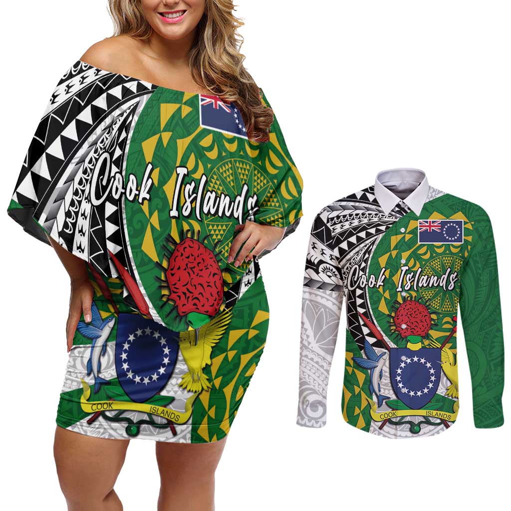 Cook Islands Independence Day Couples Matching Off Shoulder Short Dress and Long Sleeve Button Shirt National Flag and Emblem with Tatau Tattoo
