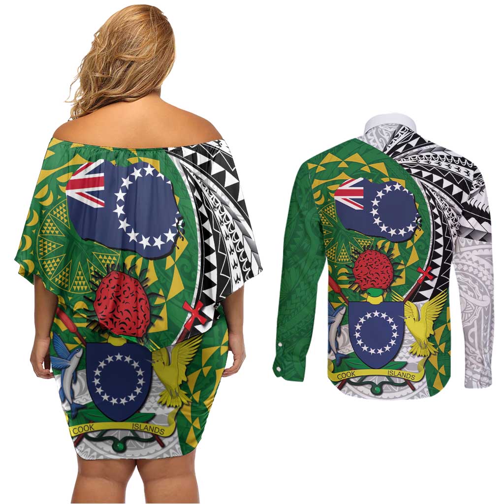Cook Islands Independence Day Couples Matching Off Shoulder Short Dress and Long Sleeve Button Shirt National Flag and Emblem with Tatau Tattoo
