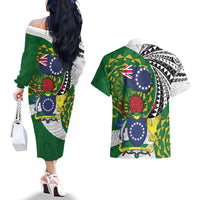Cook Islands Independence Day Couples Matching Off The Shoulder Long Sleeve Dress and Hawaiian Shirt National Flag and Emblem with Tatau Tattoo