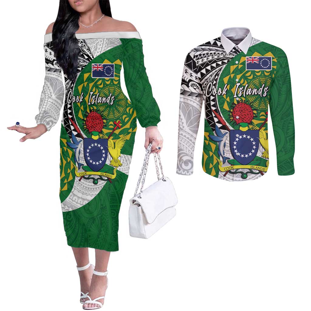 Cook Islands Independence Day Couples Matching Off The Shoulder Long Sleeve Dress and Long Sleeve Button Shirt National Flag and Emblem with Tatau Tattoo