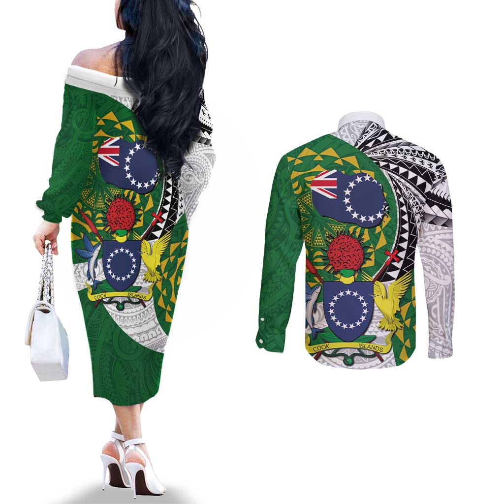 Cook Islands Independence Day Couples Matching Off The Shoulder Long Sleeve Dress and Long Sleeve Button Shirt National Flag and Emblem with Tatau Tattoo