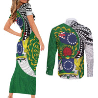 Cook Islands Independence Day Couples Matching Short Sleeve Bodycon Dress and Long Sleeve Button Shirt National Flag and Emblem with Tatau Tattoo