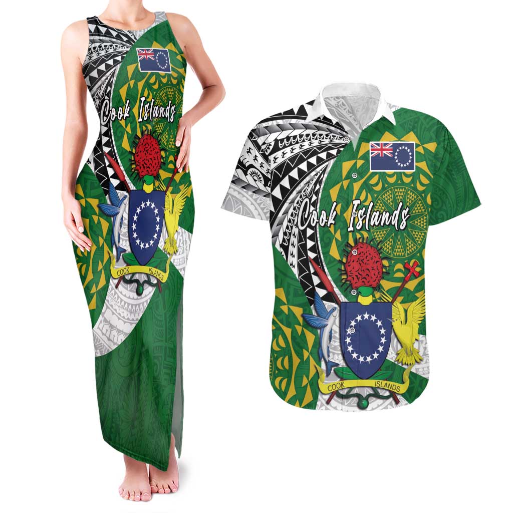 Cook Islands Independence Day Couples Matching Tank Maxi Dress and Hawaiian Shirt National Flag and Emblem with Tatau Tattoo