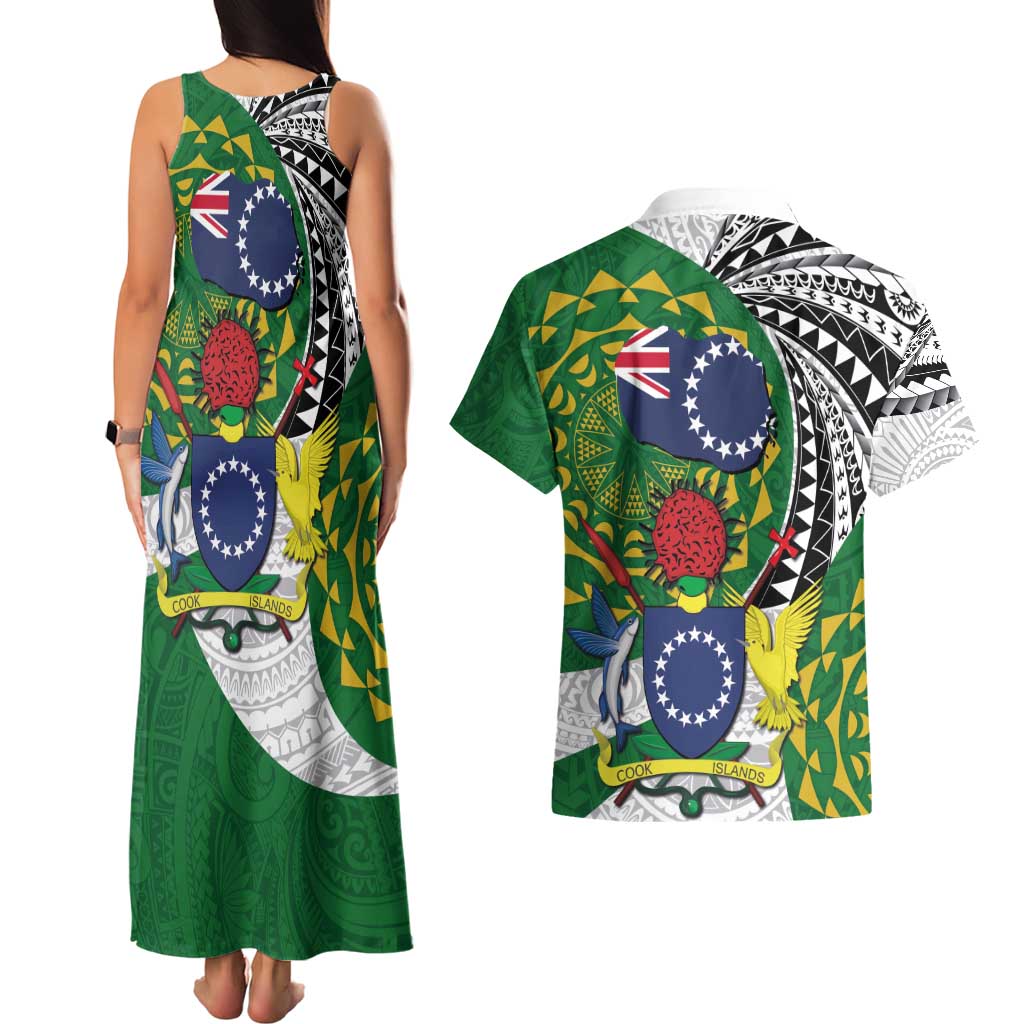Cook Islands Independence Day Couples Matching Tank Maxi Dress and Hawaiian Shirt National Flag and Emblem with Tatau Tattoo