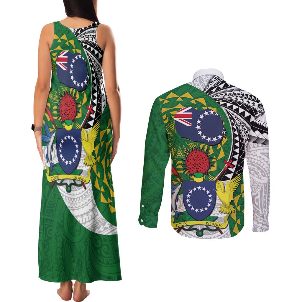 Cook Islands Independence Day Couples Matching Tank Maxi Dress and Long Sleeve Button Shirt National Flag and Emblem with Tatau Tattoo