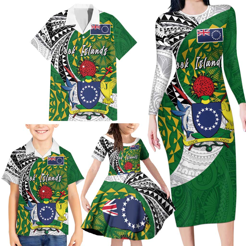 Cook Islands Independence Day Family Matching Long Sleeve Bodycon Dress and Hawaiian Shirt National Flag and Emblem with Tatau Tattoo