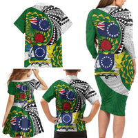 Cook Islands Independence Day Family Matching Long Sleeve Bodycon Dress and Hawaiian Shirt National Flag and Emblem with Tatau Tattoo