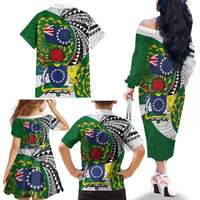 Cook Islands Independence Day Family Matching Off The Shoulder Long Sleeve Dress and Hawaiian Shirt National Flag and Emblem with Tatau Tattoo