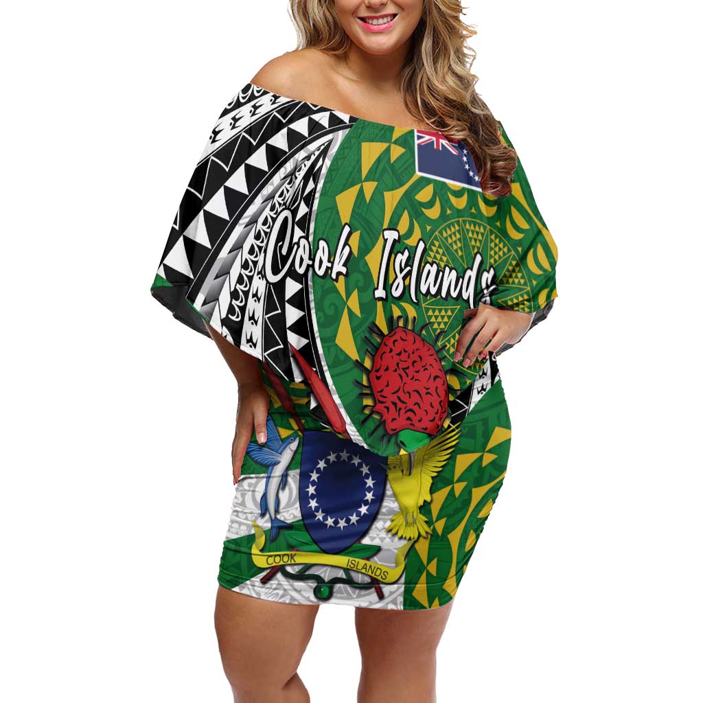 Cook Islands Independence Day Family Matching Off Shoulder Short Dress and Hawaiian Shirt National Flag and Emblem with Tatau Tattoo