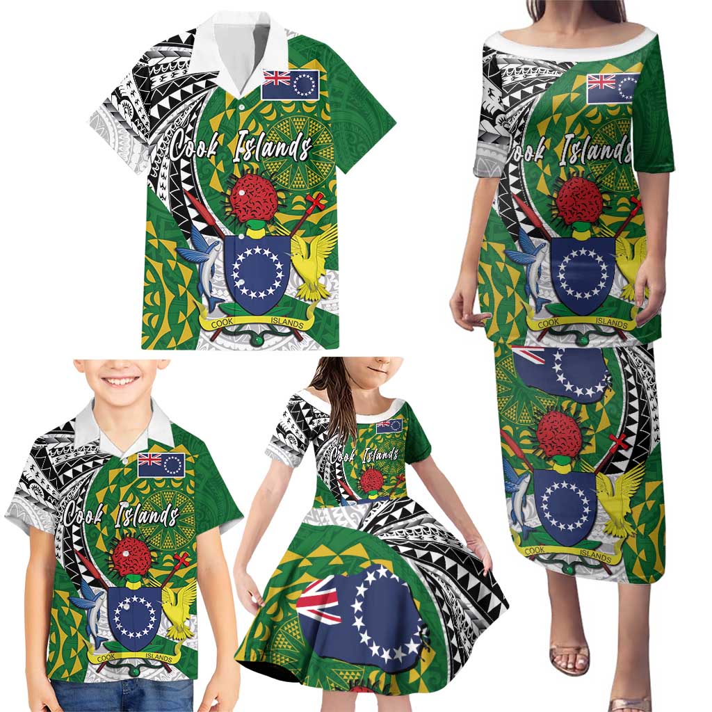 Cook Islands Independence Day Family Matching Puletasi and Hawaiian Shirt National Flag and Emblem with Tatau Tattoo