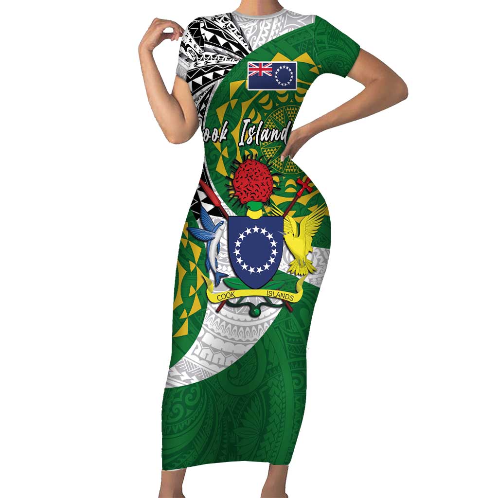 Cook Islands Independence Day Family Matching Short Sleeve Bodycon Dress and Hawaiian Shirt National Flag and Emblem with Tatau Tattoo