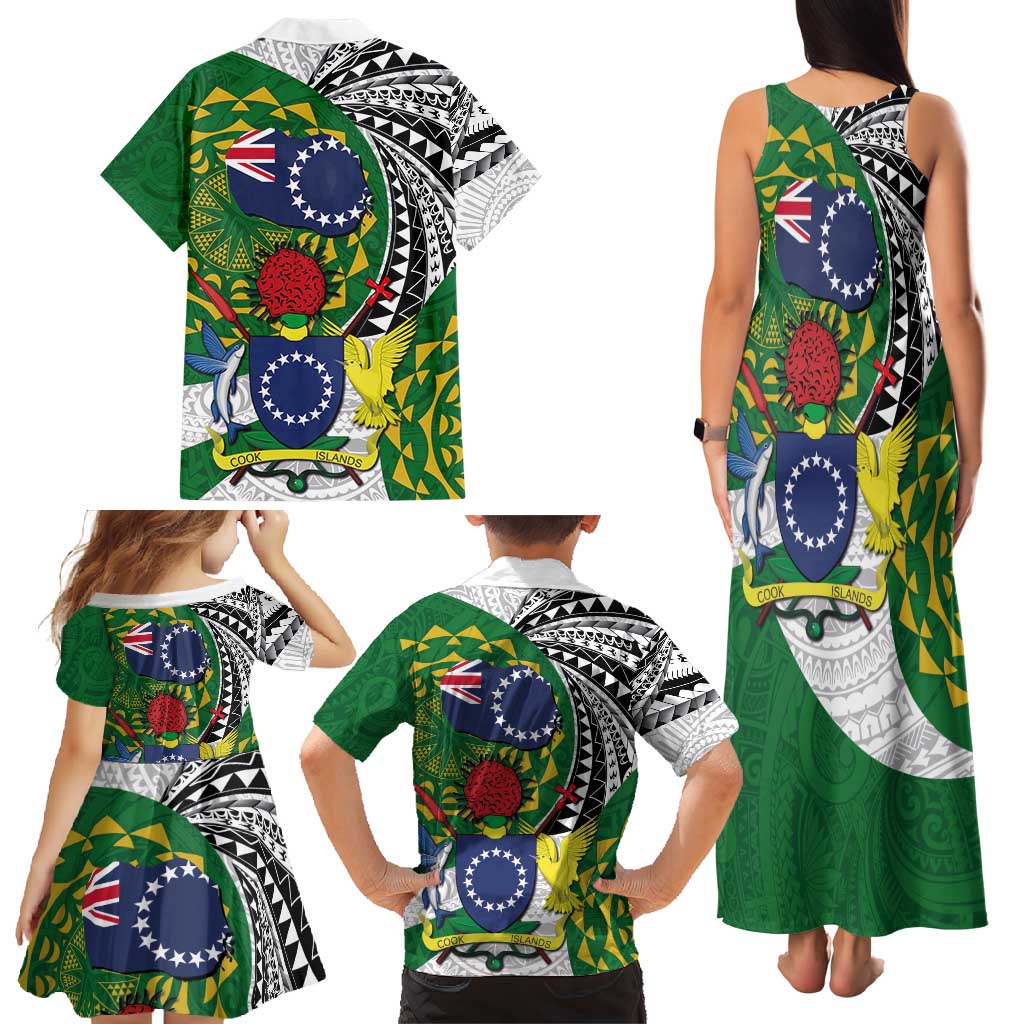 Cook Islands Independence Day Family Matching Tank Maxi Dress and Hawaiian Shirt National Flag and Emblem with Tatau Tattoo