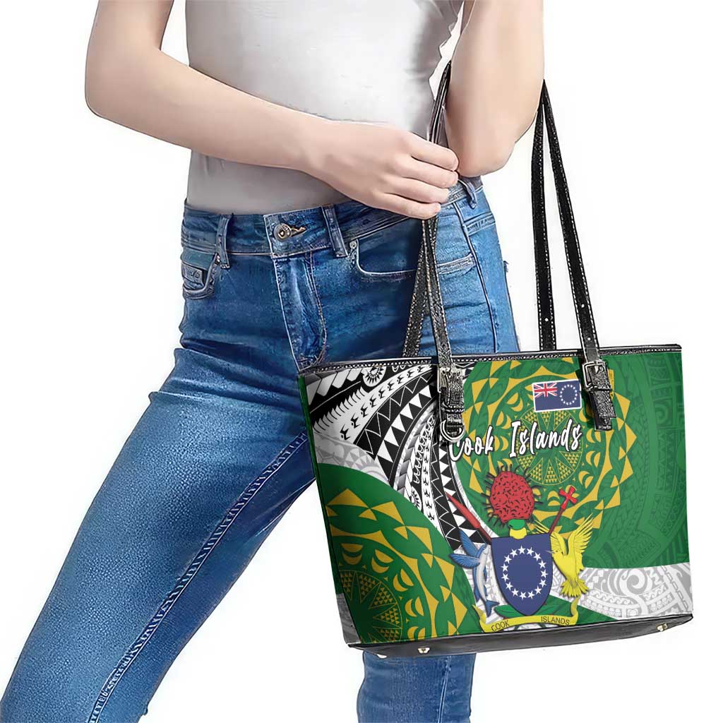 Cook Islands Independence Day Leather Tote Bag National Flag and Emblem with Tatau Tattoo