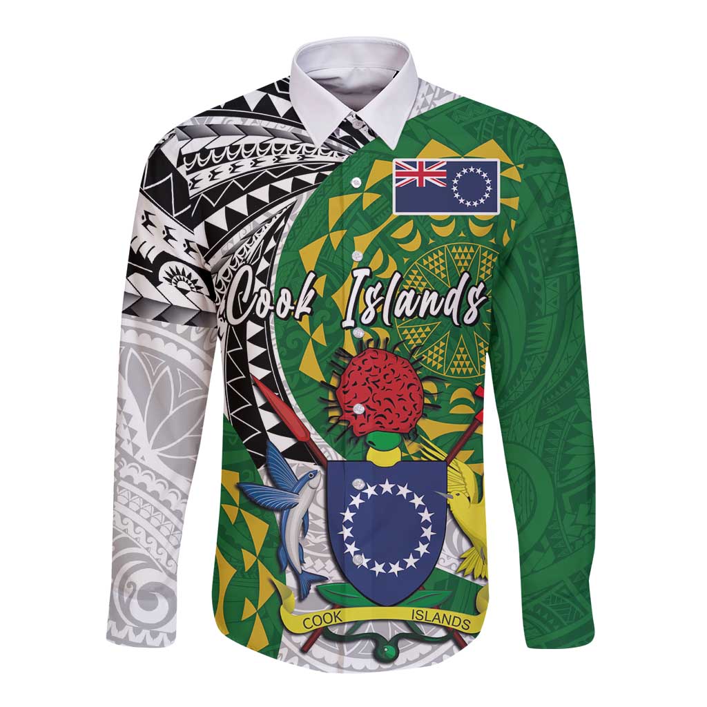 Cook Islands Independence Day Long Sleeve Button Shirt National Flag and Emblem with Tatau Tattoo