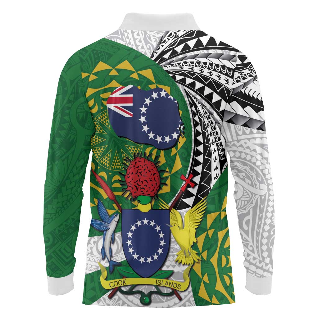 Cook Islands Independence Day Long Sleeve Polo Shirt National Flag and Emblem with Tatau Tattoo