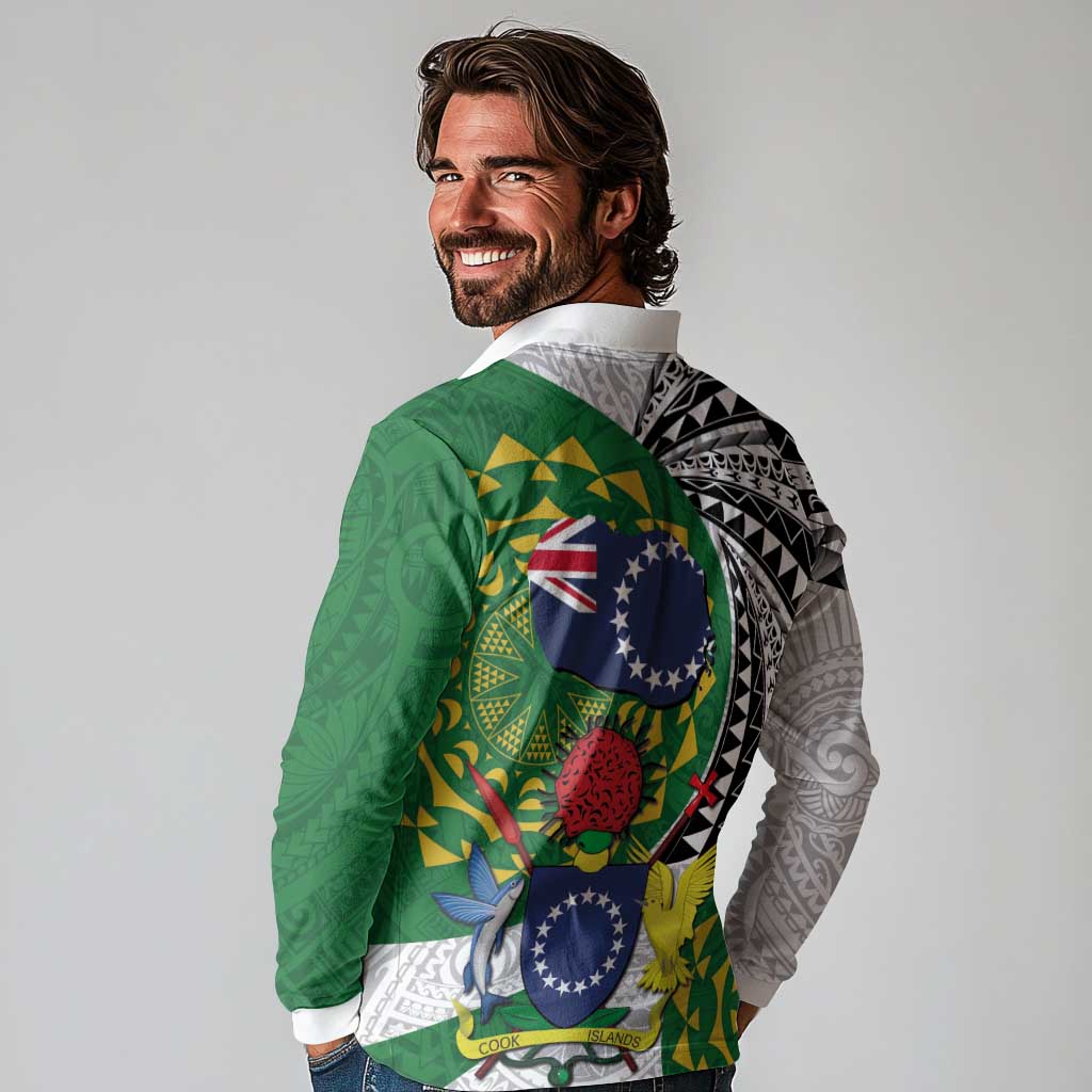 Cook Islands Independence Day Long Sleeve Polo Shirt National Flag and Emblem with Tatau Tattoo