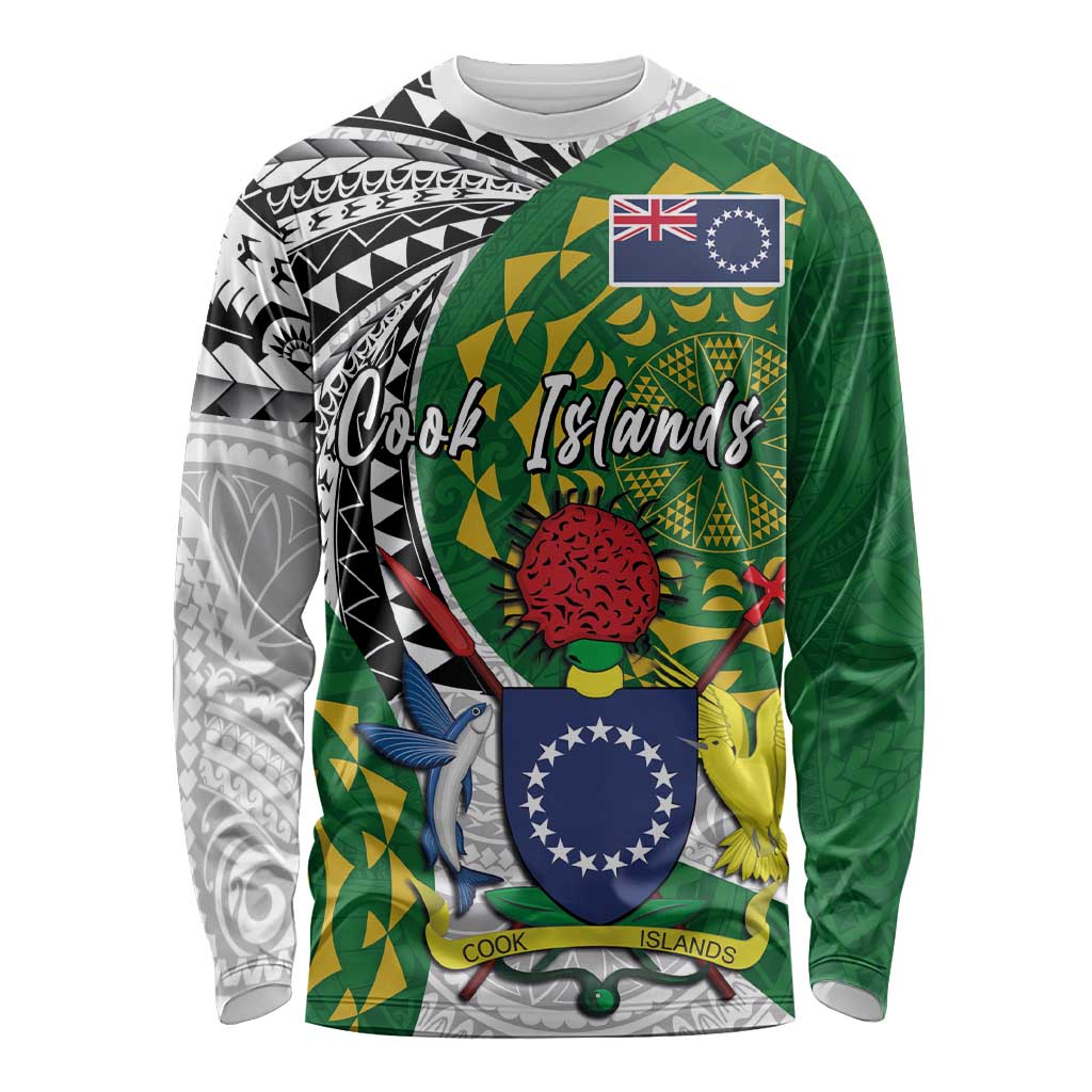 Cook Islands Independence Day Long Sleeve Shirt National Flag and Emblem with Tatau Tattoo
