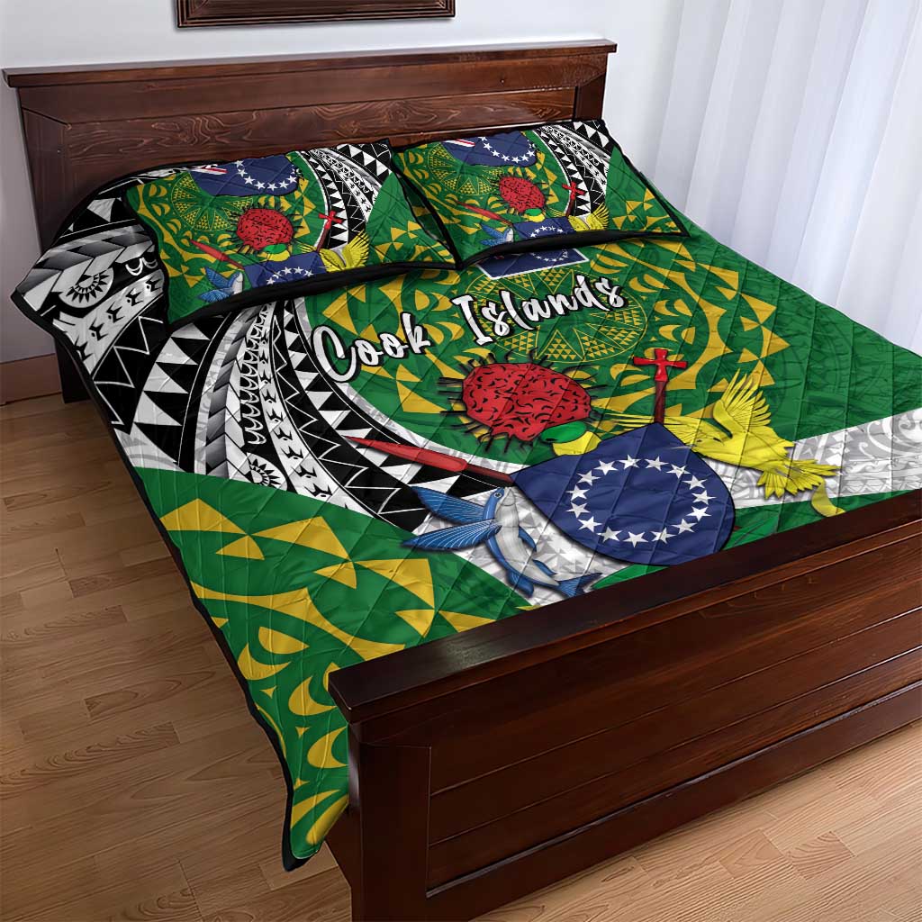 Cook Islands Independence Day Quilt Bed Set National Flag and Emblem with Tatau Tattoo