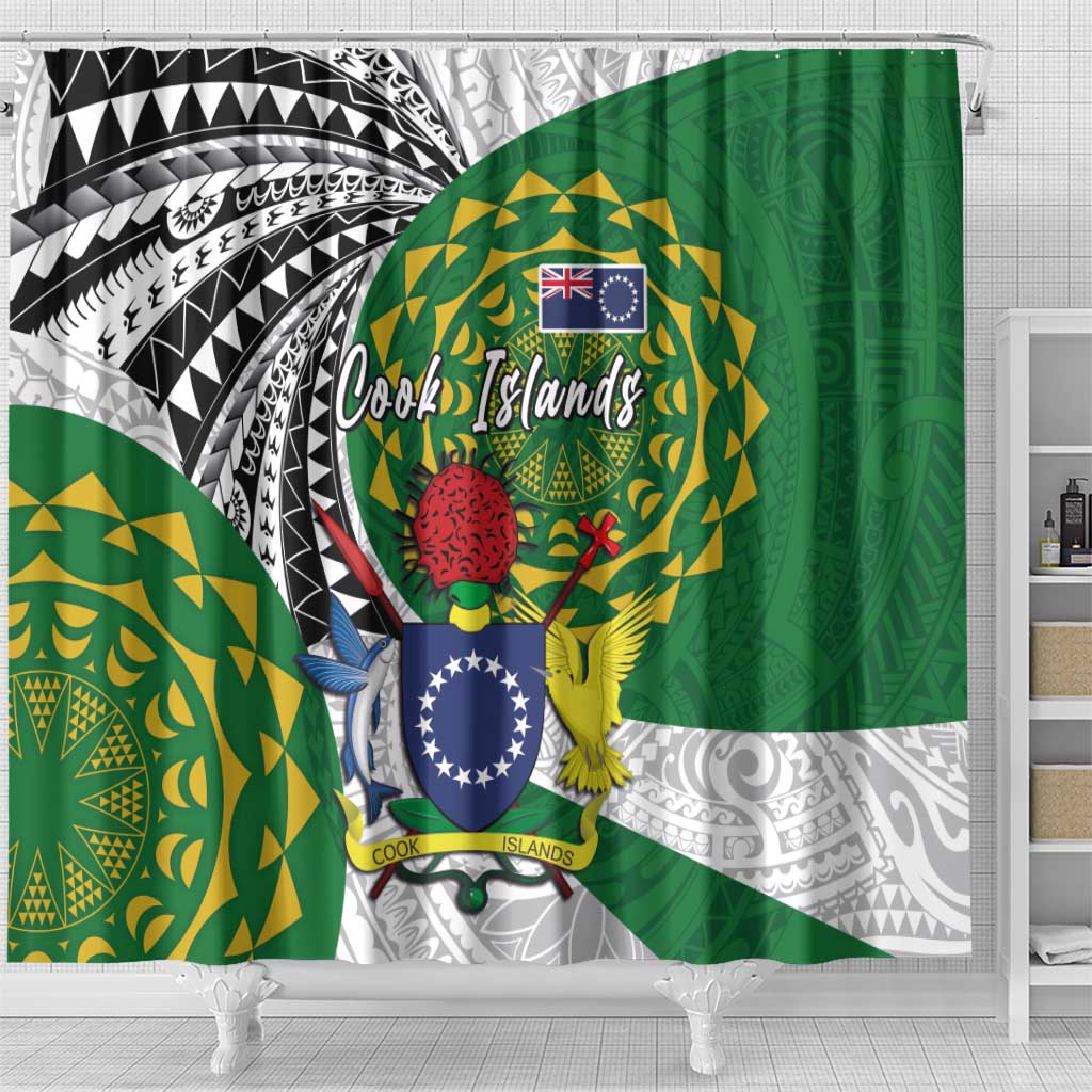 Cook Islands Independence Day Shower Curtain National Flag and Emblem with Tatau Tattoo