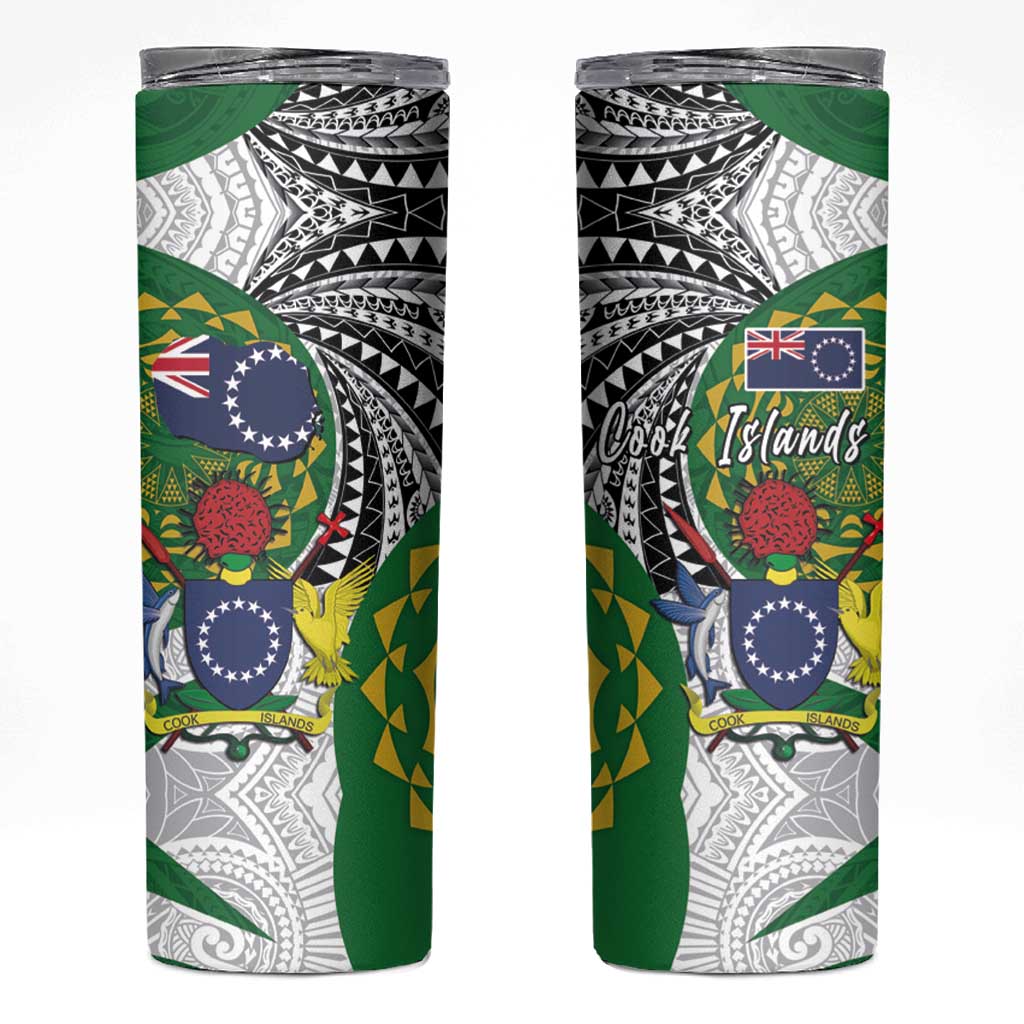 Cook Islands Independence Day Skinny Tumbler National Flag and Emblem with Tatau Tattoo LT03 - Polynesian Pride