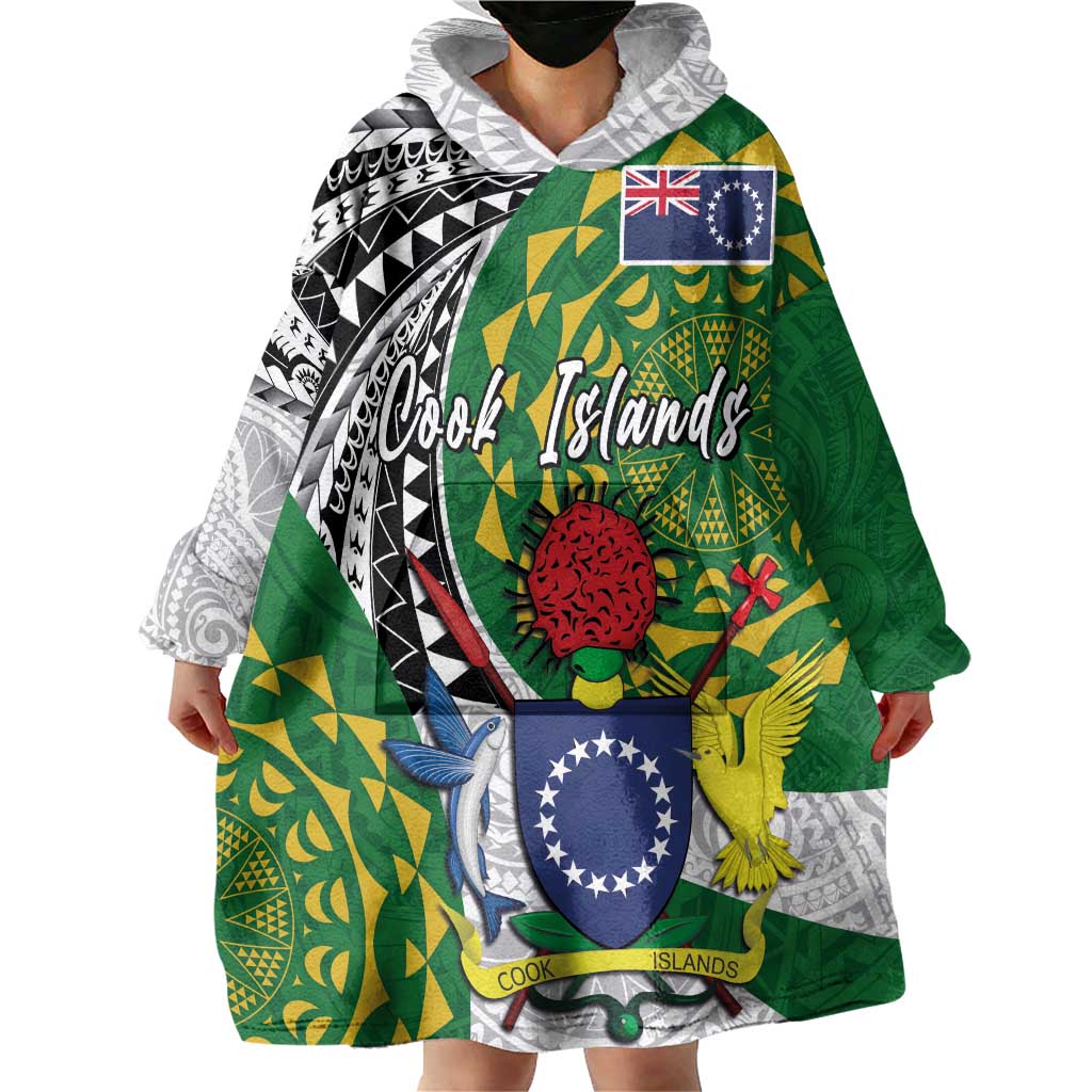 Cook Islands Independence Day Wearable Blanket Hoodie National Flag and Emblem with Tatau Tattoo
