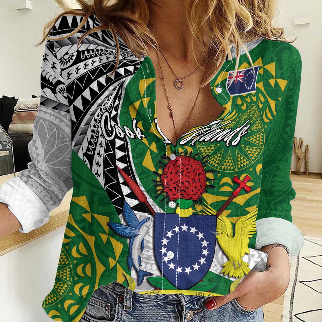 Cook Islands Independence Day Women Casual Shirt National Flag and Emblem with Tatau Tattoo