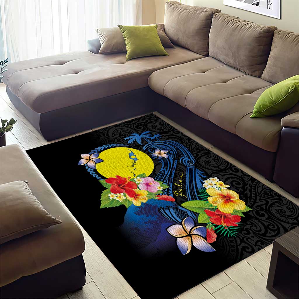 Palau Independence Day Area Rug Melanesian Tattoo with Hibiscus