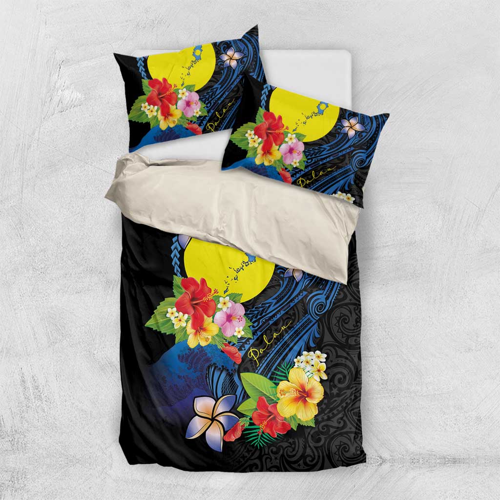 Palau Independence Day Bedding Set Melanesian Tattoo with Hibiscus