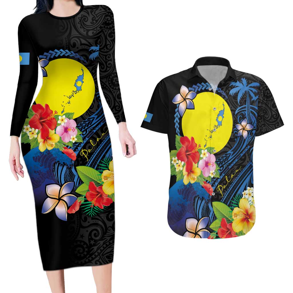 Palau Independence Day Couples Matching Long Sleeve Bodycon Dress and Hawaiian Shirt Melanesian Tattoo with Hibiscus
