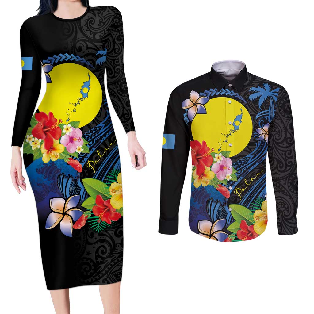 Palau Independence Day Couples Matching Long Sleeve Bodycon Dress and Long Sleeve Button Shirt Melanesian Tattoo with Hibiscus