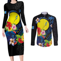 Palau Independence Day Couples Matching Long Sleeve Bodycon Dress and Long Sleeve Button Shirt Melanesian Tattoo with Hibiscus